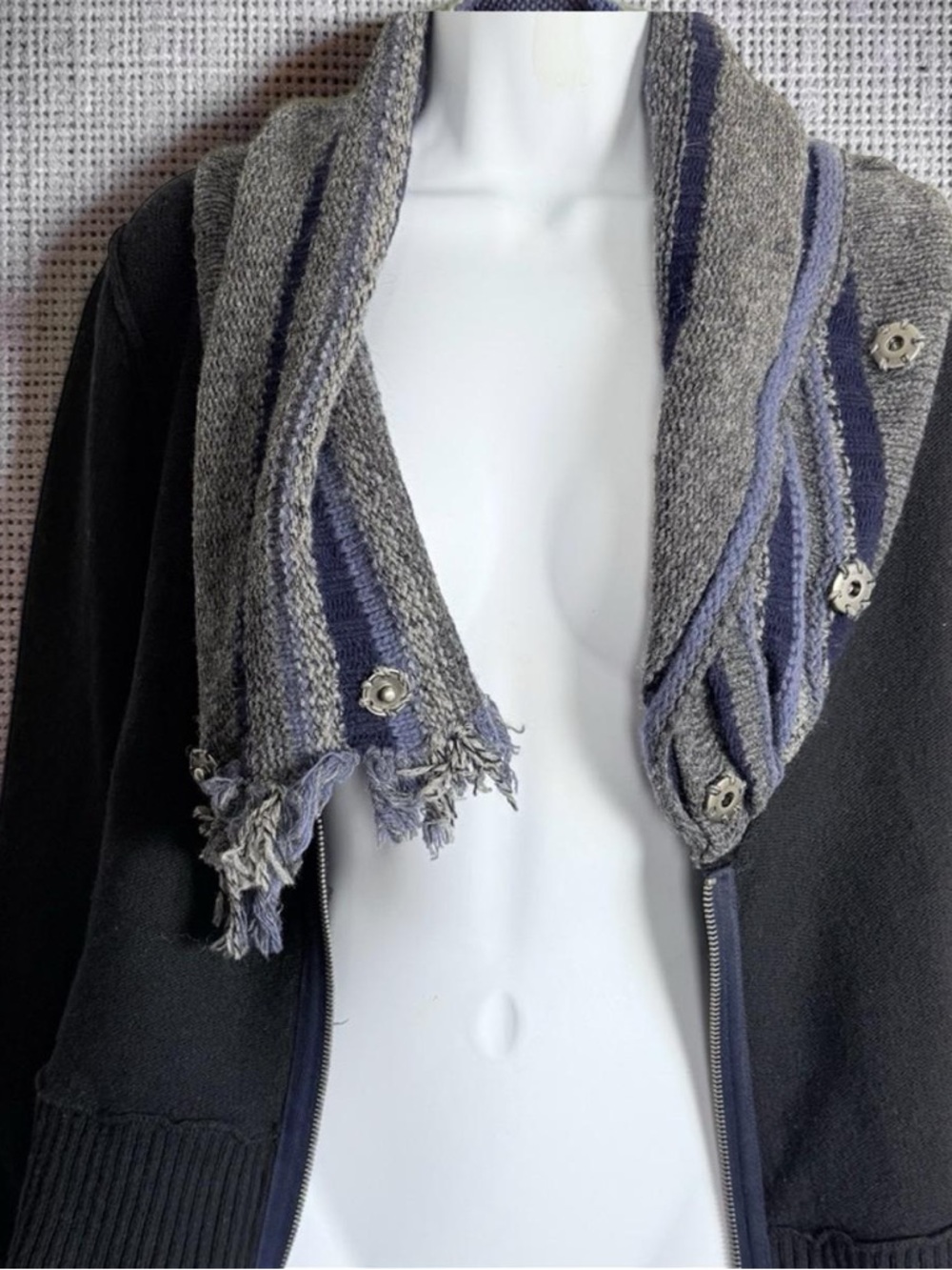 Free People "Faux Scarf" Zip-Up Wool Sweater Jacket – Black/Gray/Blue – Size S - Picture 8 of 11